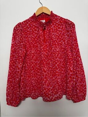 J. Crew Red Heart-Print Ruffle-Neck Blouse